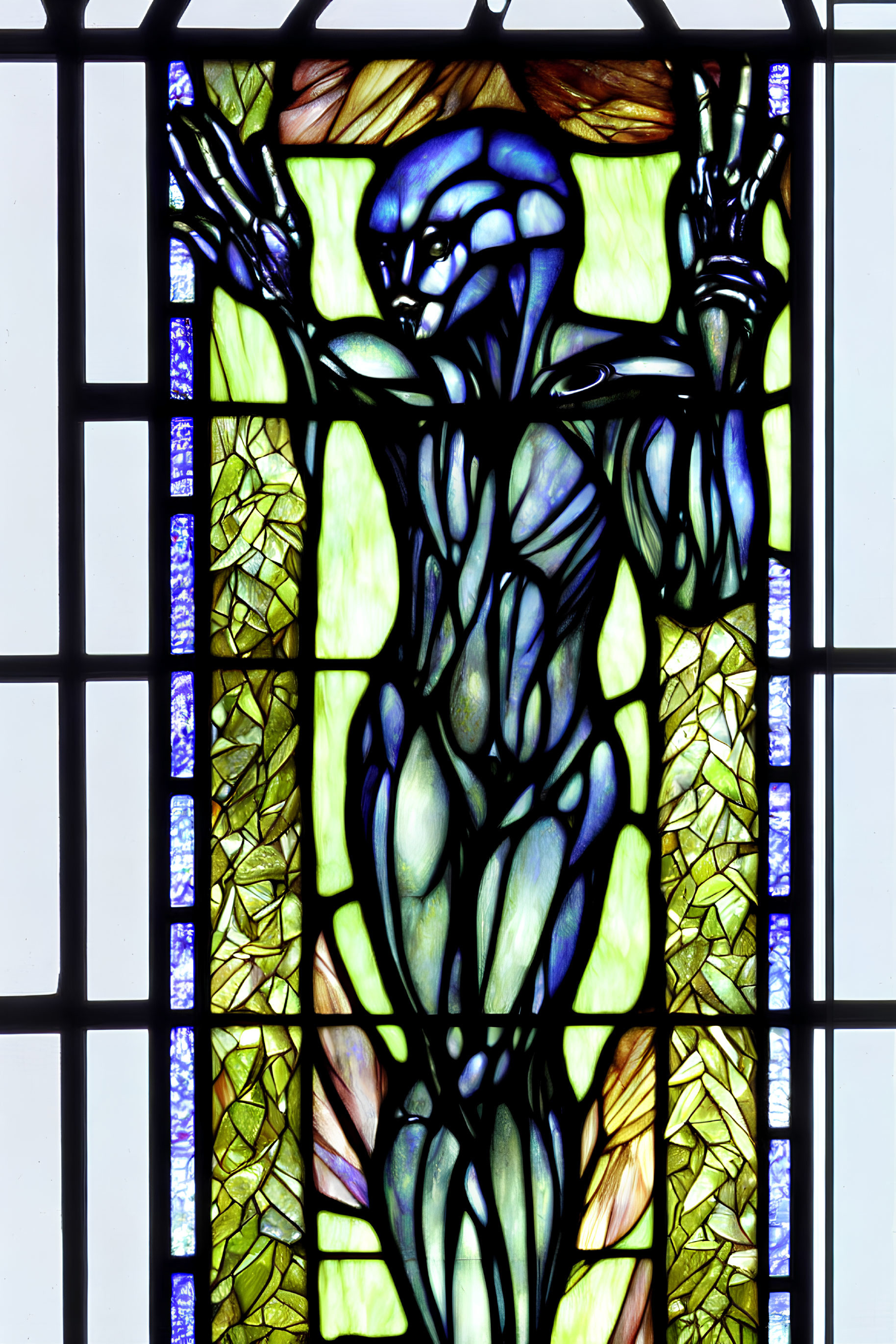 Abstract Human Figure Stained Glass Window in Blue and Green