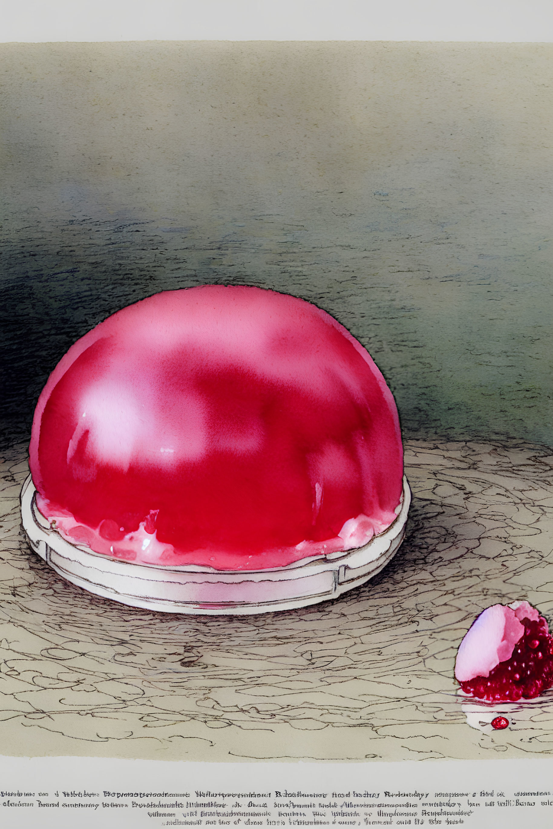 Red jelly dessert on white plate with scoop out, glistening surface.