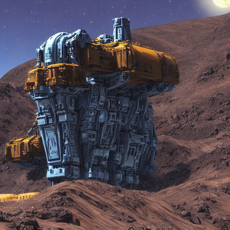 Gigantic yellow and blue futuristic mech on rocky terrain with crescent moon