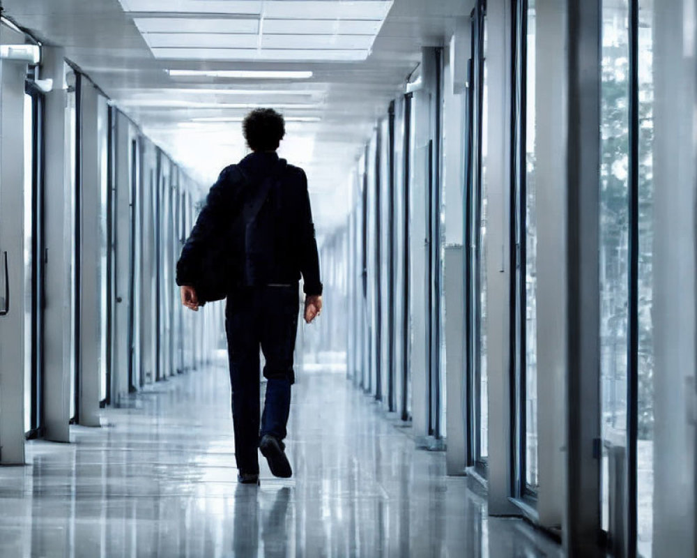Man in dark suit walking down bright modern corridor with glass doors
