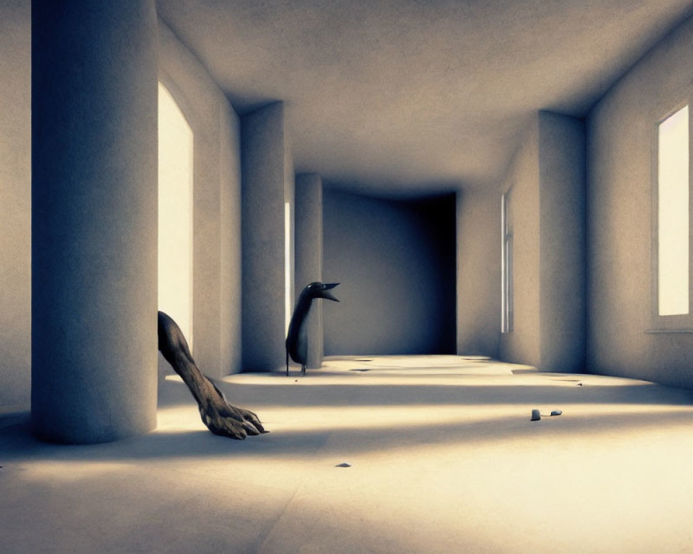 Minimalistic Room with Large Columns and Windows, Penguin and Oversized Hand Sculpture
