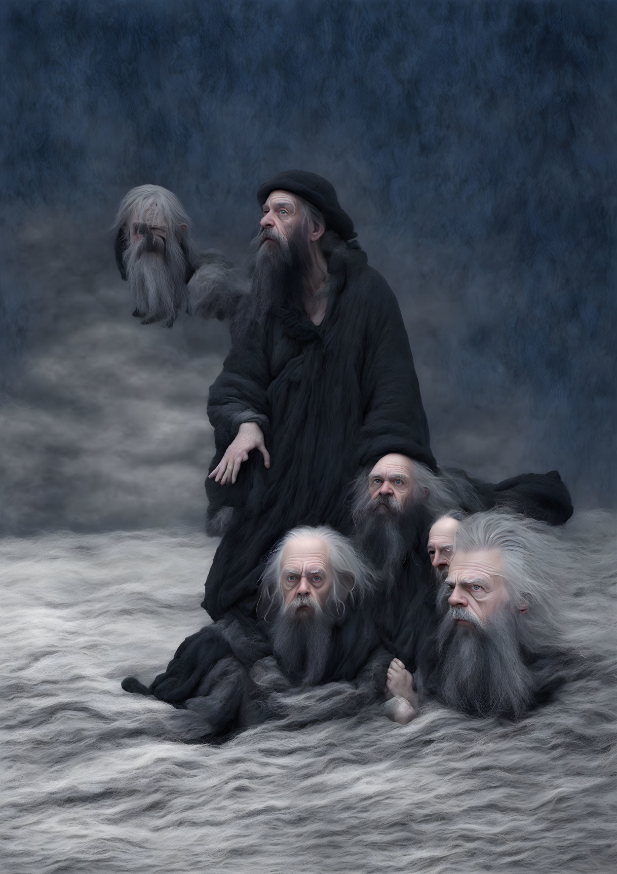 Composite Image: Bearded Man in Dark Robes with Multiple Expressions