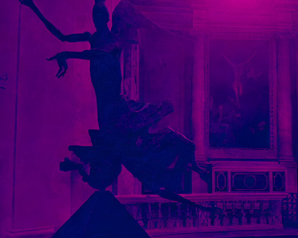 Dynamic sculpture silhouette against purple backdrop with classical elements