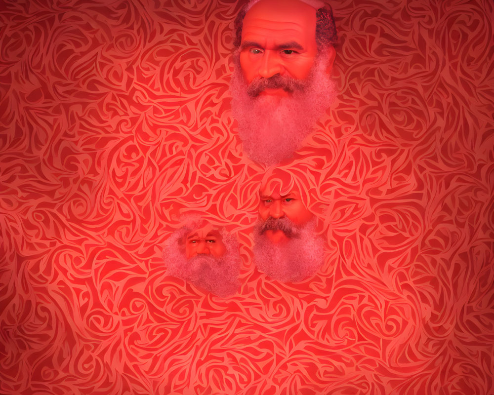 Three identical bearded, bald male figures on red patterned background