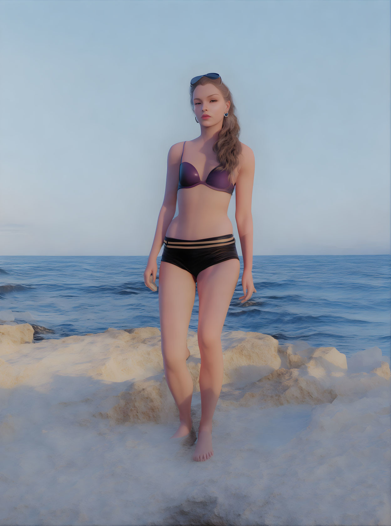 Woman in Black Bikini on Rocky Beach with Sea and Blue Sky