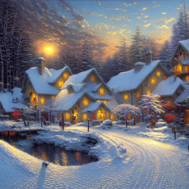 Snowy Village at Sunset: Illuminated Houses, Frozen Pond, and Winter Flora