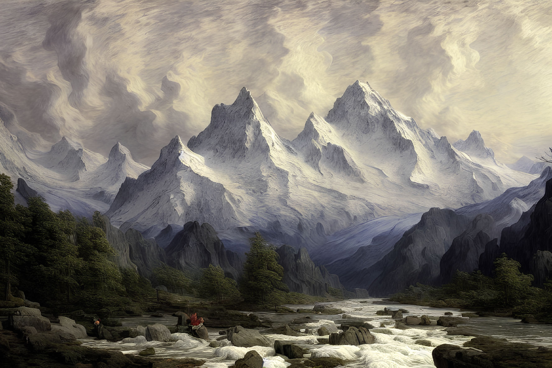 Snow-capped mountains painting with river and figures