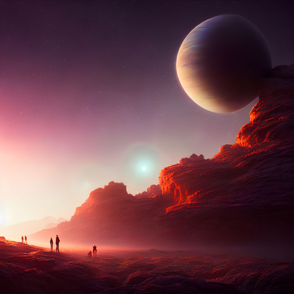 Explorers on rocky alien planet with large planet and distant sun