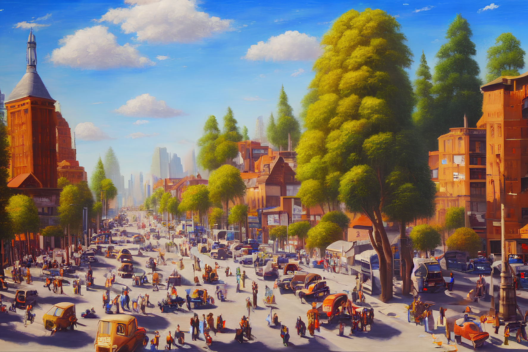 Busy city street scene with cars, pedestrians, trees, and buildings under blue sky