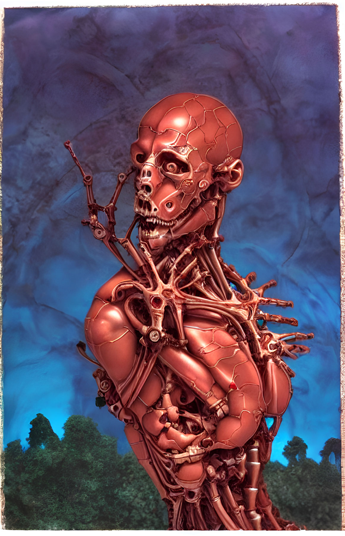 Detailed humanoid robotic figure with exposed skeletal structure and mechanical parts on blue backdrop with trees
