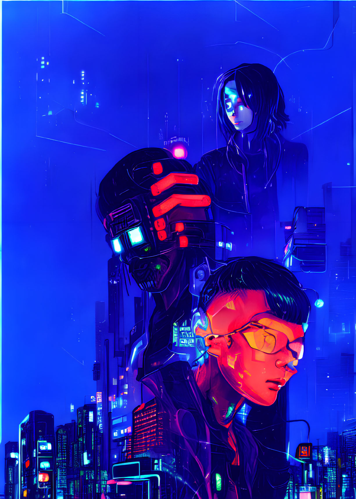 Cyberpunk-themed illustration of two characters in neon against futuristic cityscape