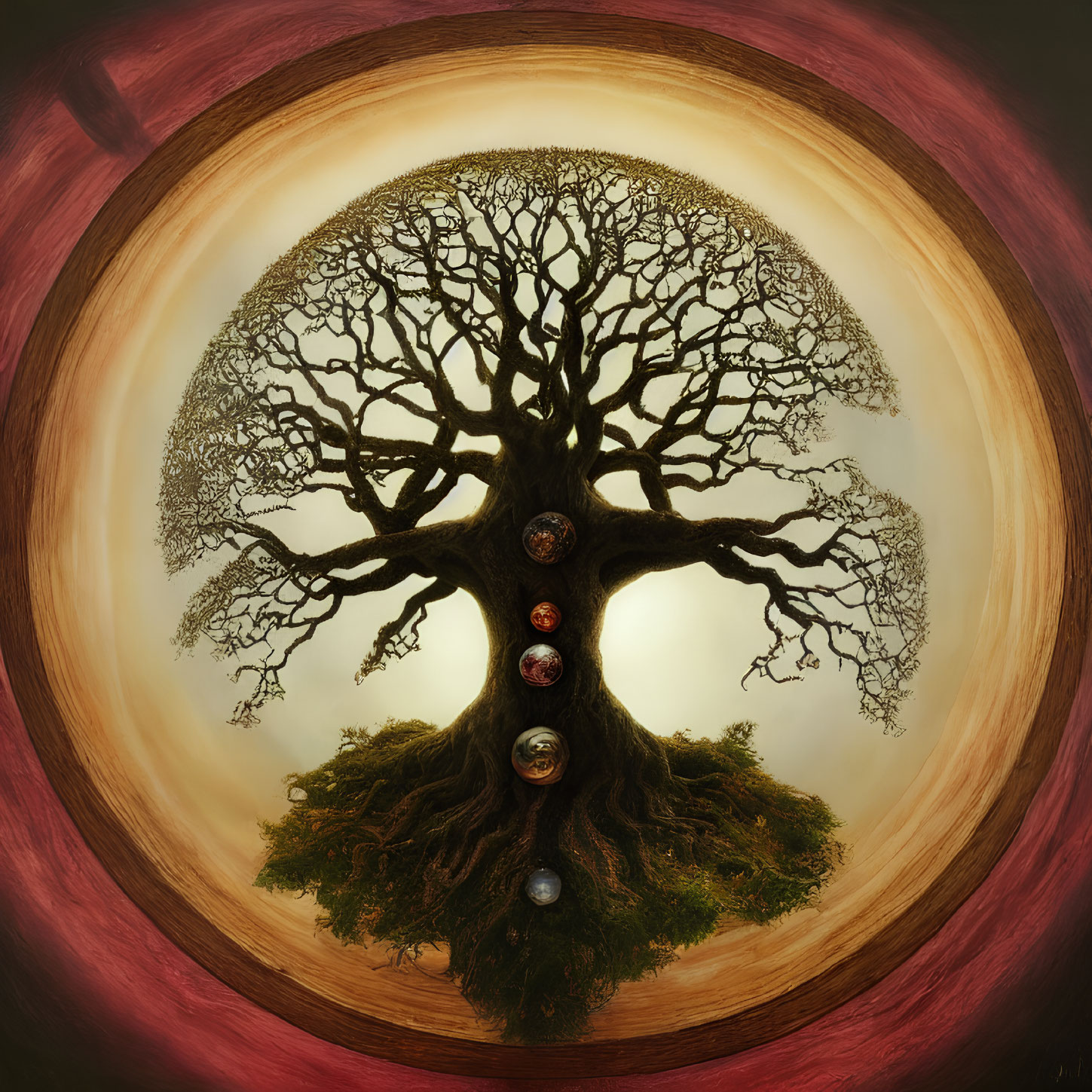 Circular surreal image of lone tree with intricate branches and concentric circles in brown, red, and yellow