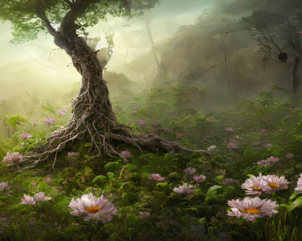 Ancient tree in mystical forest with lush greenery and pink flowers