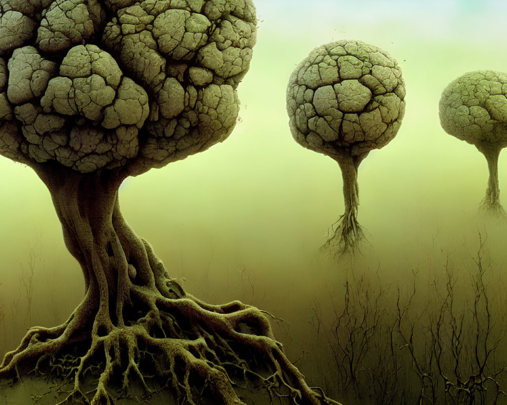 Surreal tree artwork with cracked brain-like canopies on hazy green backdrop