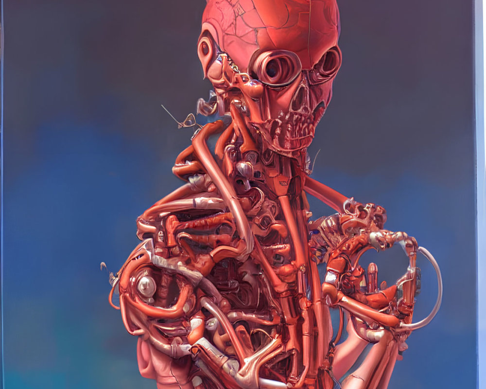 Detailed Mechanical Skeleton Artwork with Red Pipes on Blue and Green Background