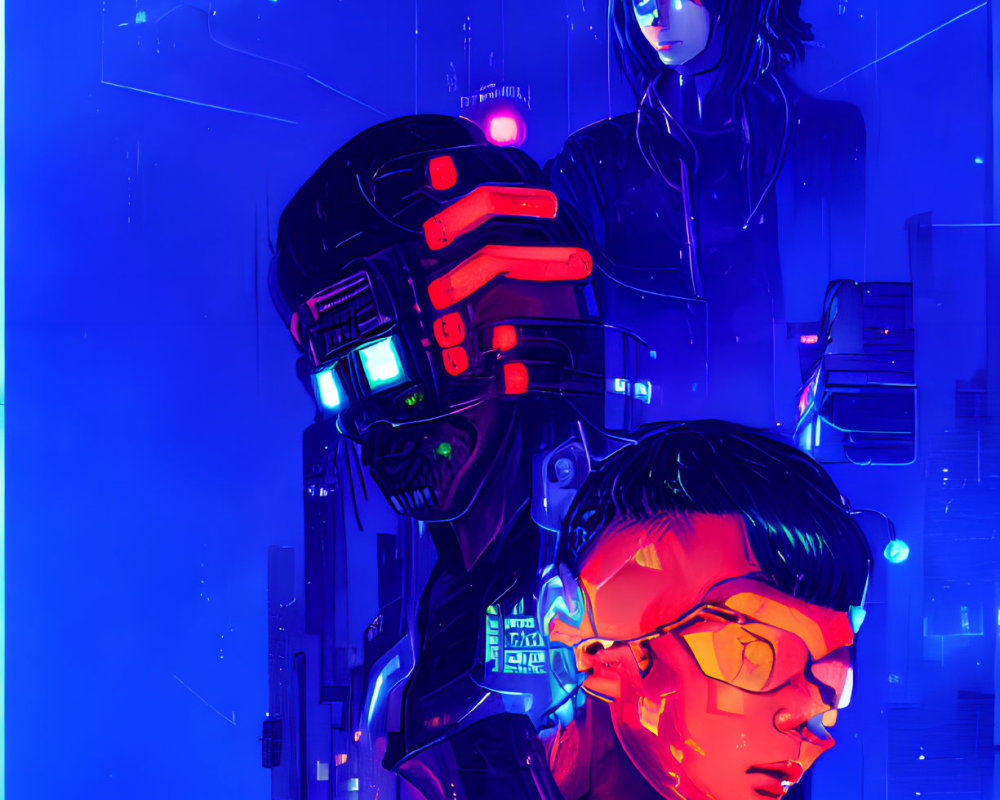 Cyberpunk-themed illustration of two characters in neon against futuristic cityscape