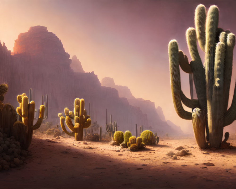 Sunset desert landscape with tall cacti and rocky mesas