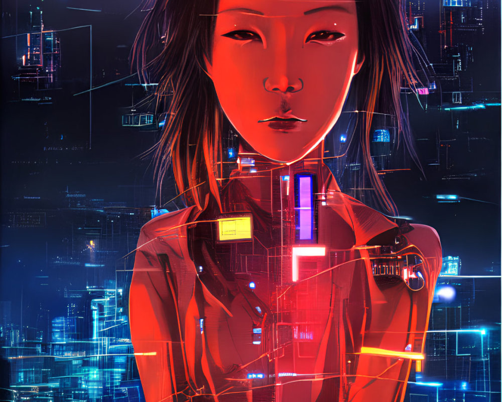 Ethereal woman in futuristic cityscape with neon lights and data streams