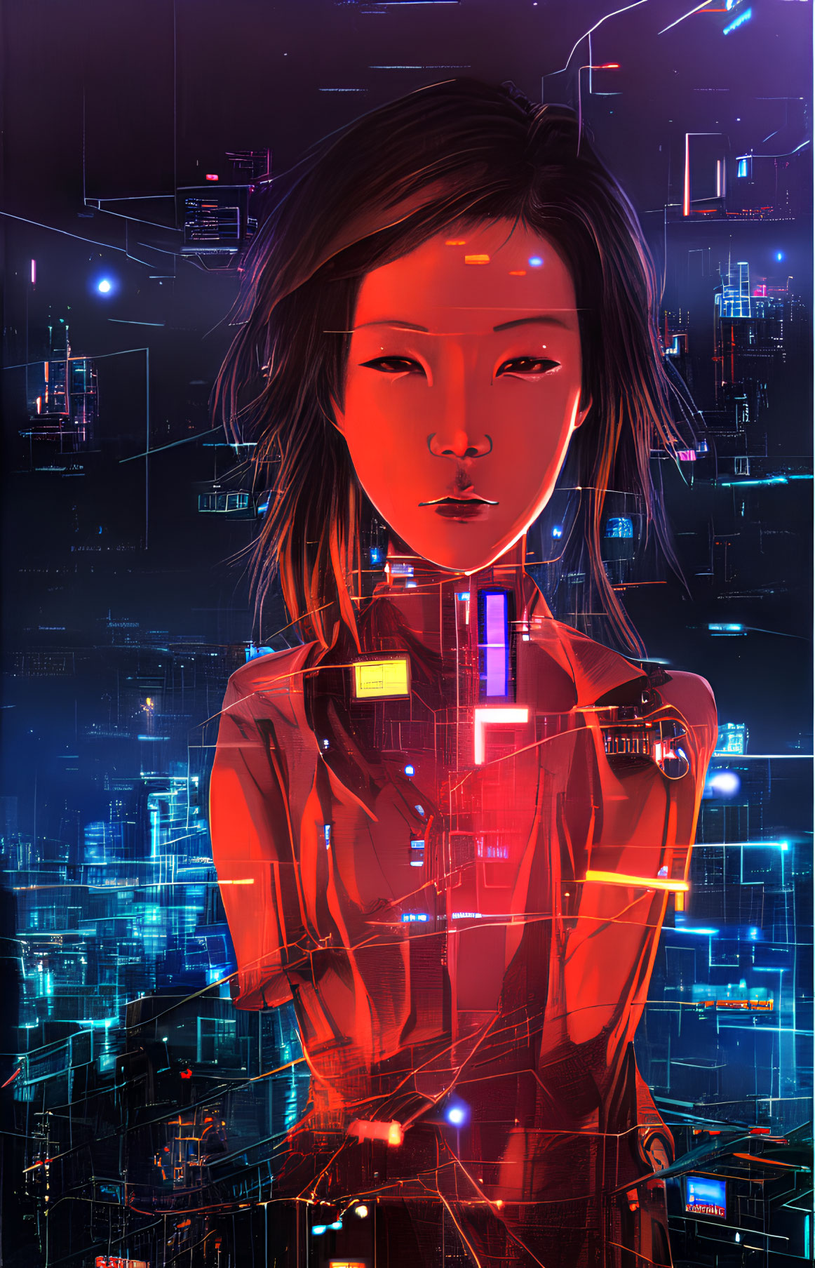 Ethereal woman in futuristic cityscape with neon lights and data streams