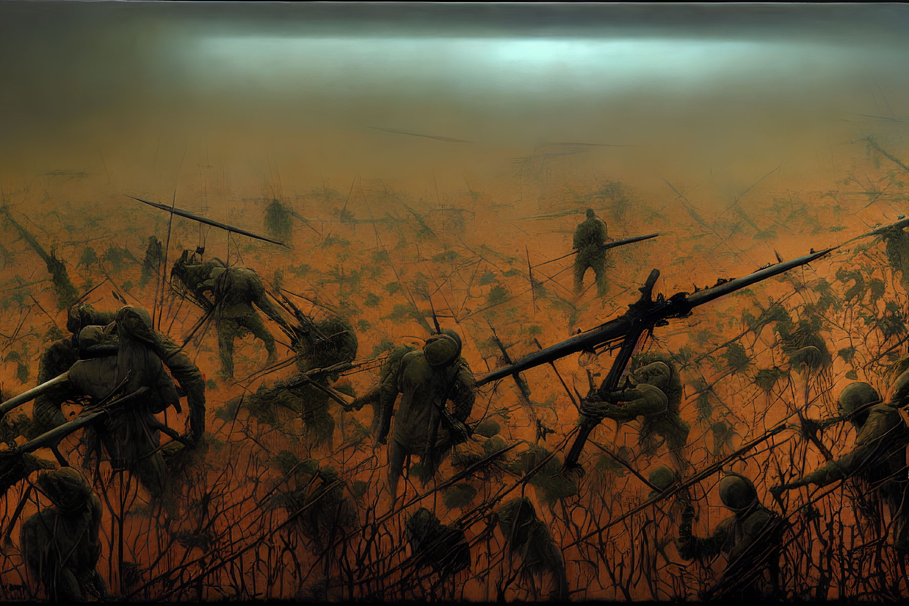 Silhouette soldiers in misty battlefield with rifles and bayonets