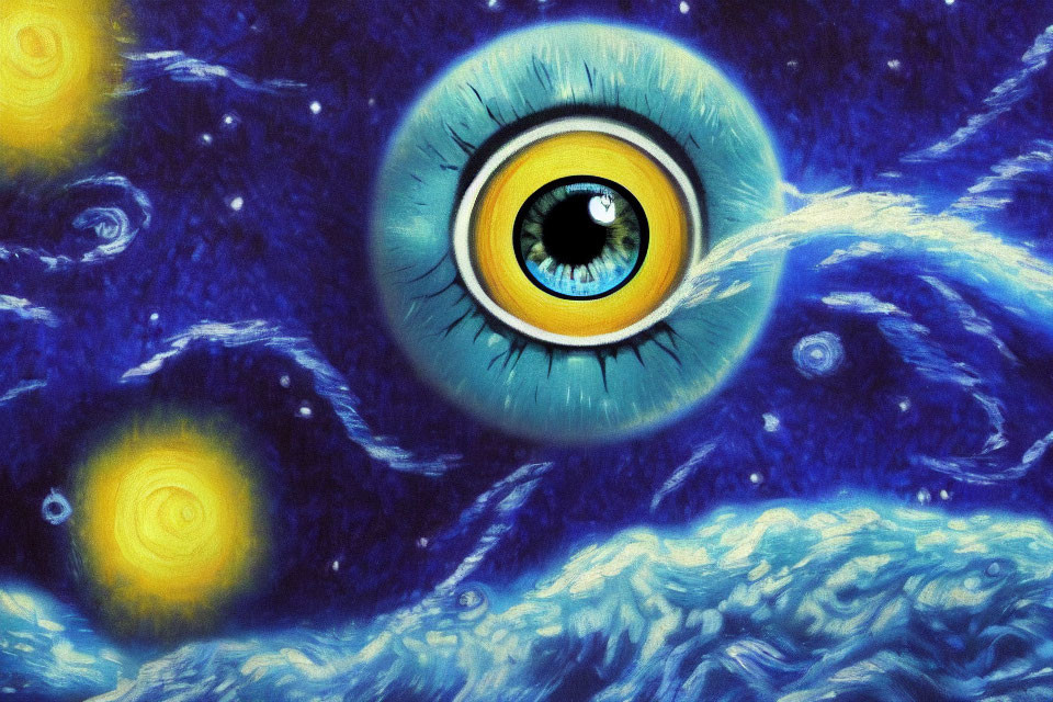 Surreal image blending "Starry Night" with realistic eye in swirling blue and yellow patterns
