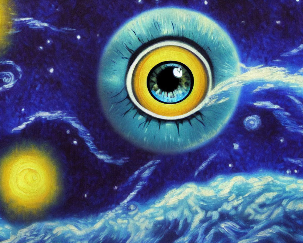 Surreal image blending "Starry Night" with realistic eye in swirling blue and yellow patterns
