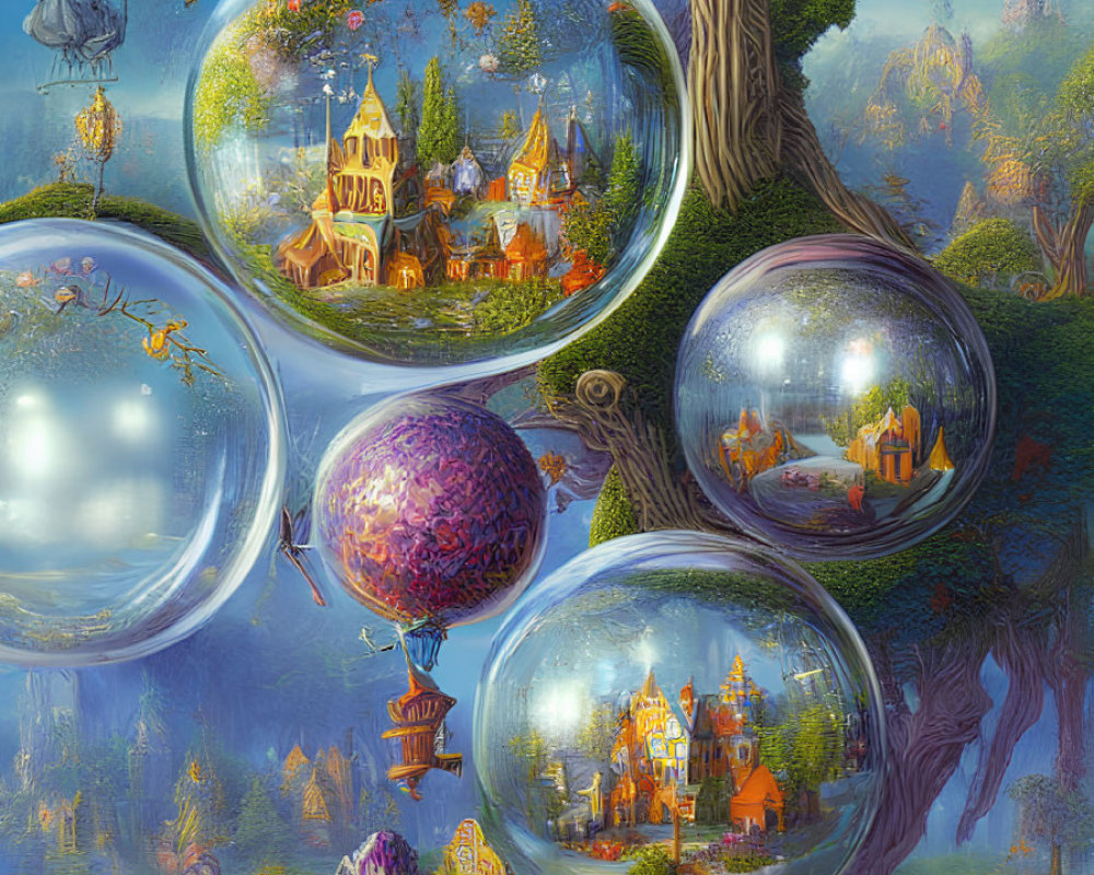 Fantastical Artwork: Translucent Orbs with Miniature Landscapes in Dreamlike Tree