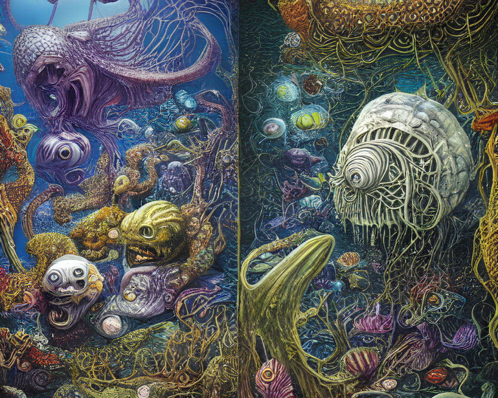 Detailed illustration of whimsical sea creatures and flora in underwater setting
