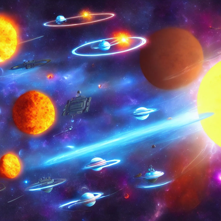 Colorful outer space scene with spaceships and planets