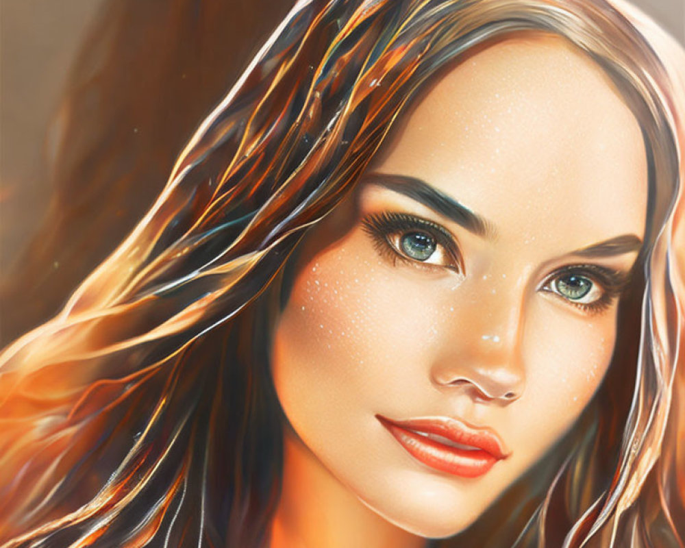 Digital portrait of a woman with flowing hair and vivid blue eyes.