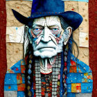 Colorful portrait of old man with blue hat and geometric face paint on patchwork background