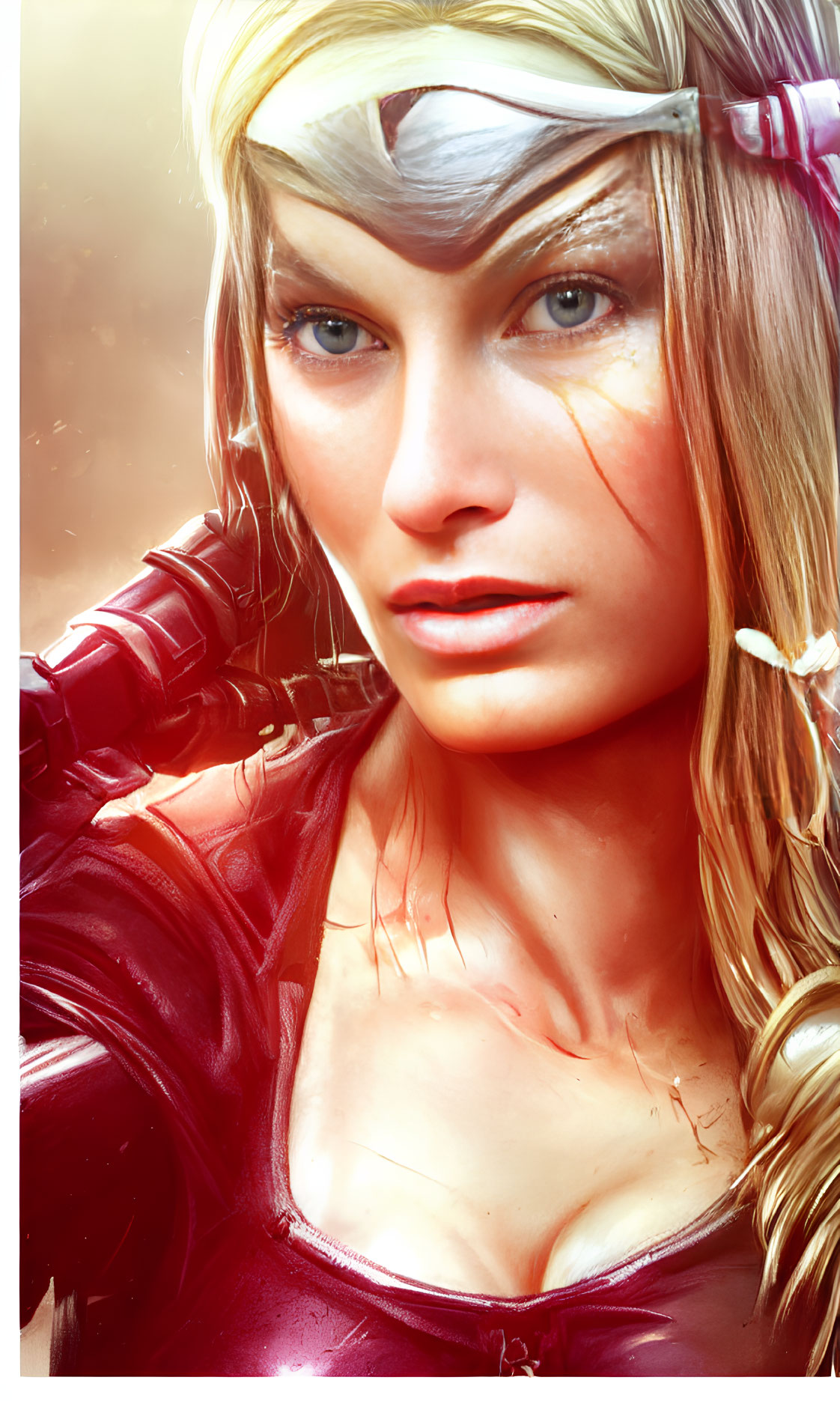 Blonde woman with eyepatch in red armor, detailed facial features