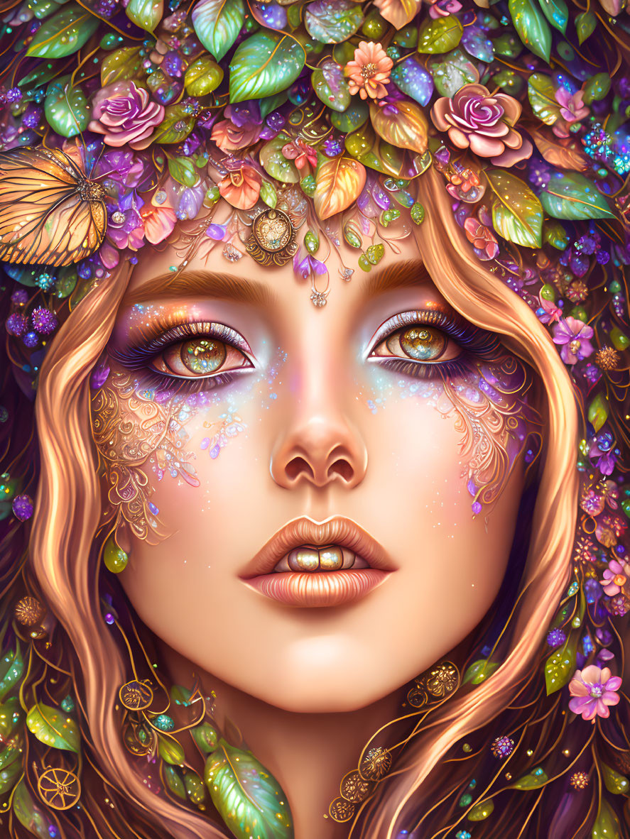 Digital portrait of woman with floral crown & nature-inspired makeup exudes mystical aura