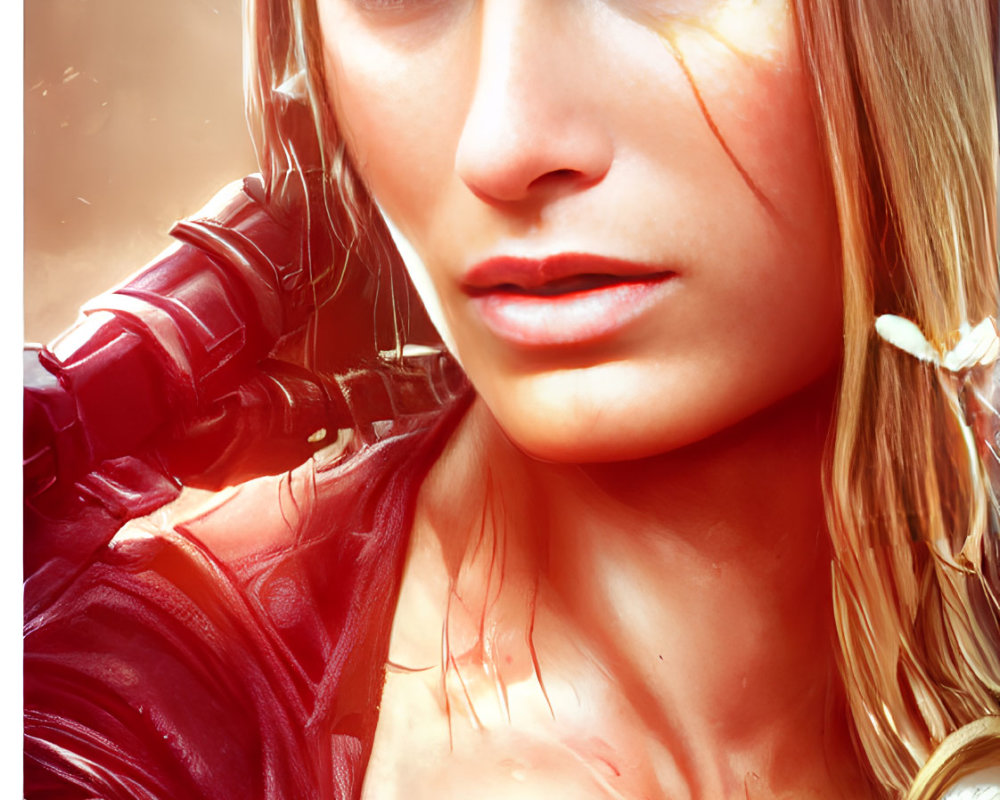Blonde woman with eyepatch in red armor, detailed facial features