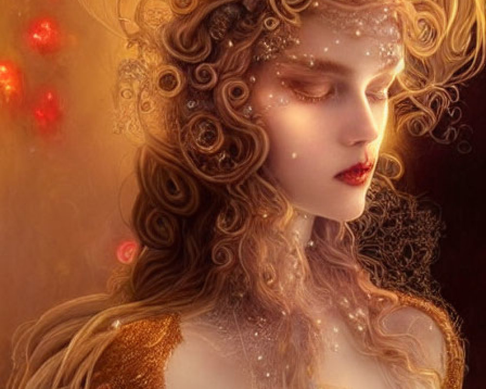 Fantasy Artwork: Woman with Elaborate Golden Hair and Roses