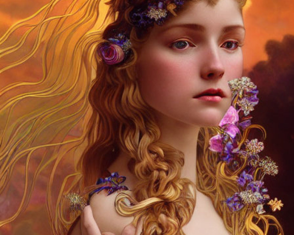 Portrait of Woman with Long Curly Hair and Purple Flowers in Sunset Sky