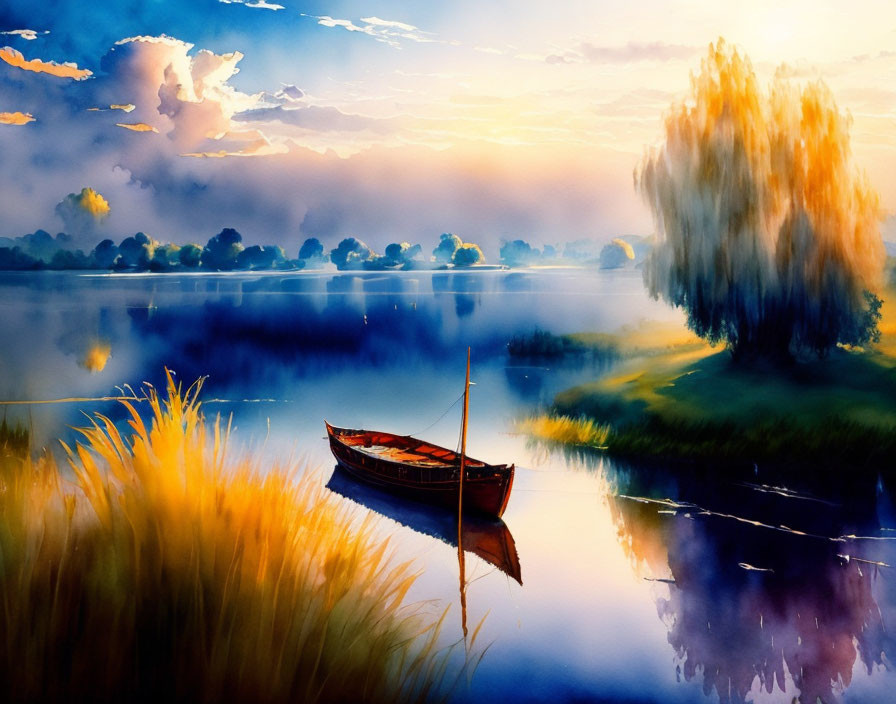 Tranquil dawn scene with wooden boat, lush surroundings, and colorful sky