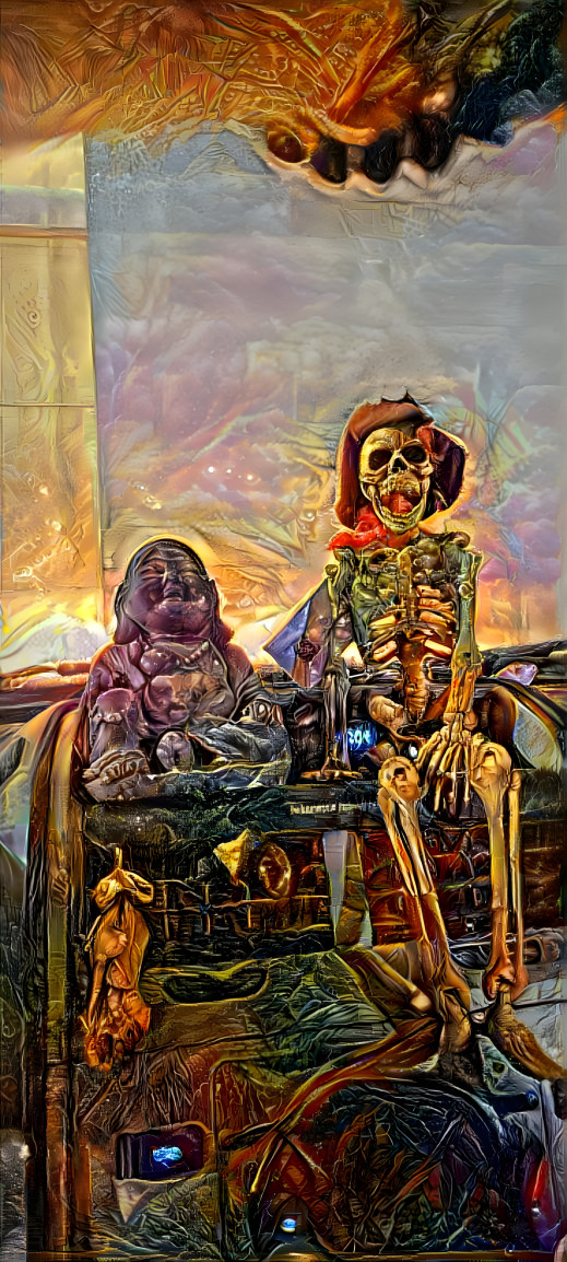 Buddah and the cowboy skeleton