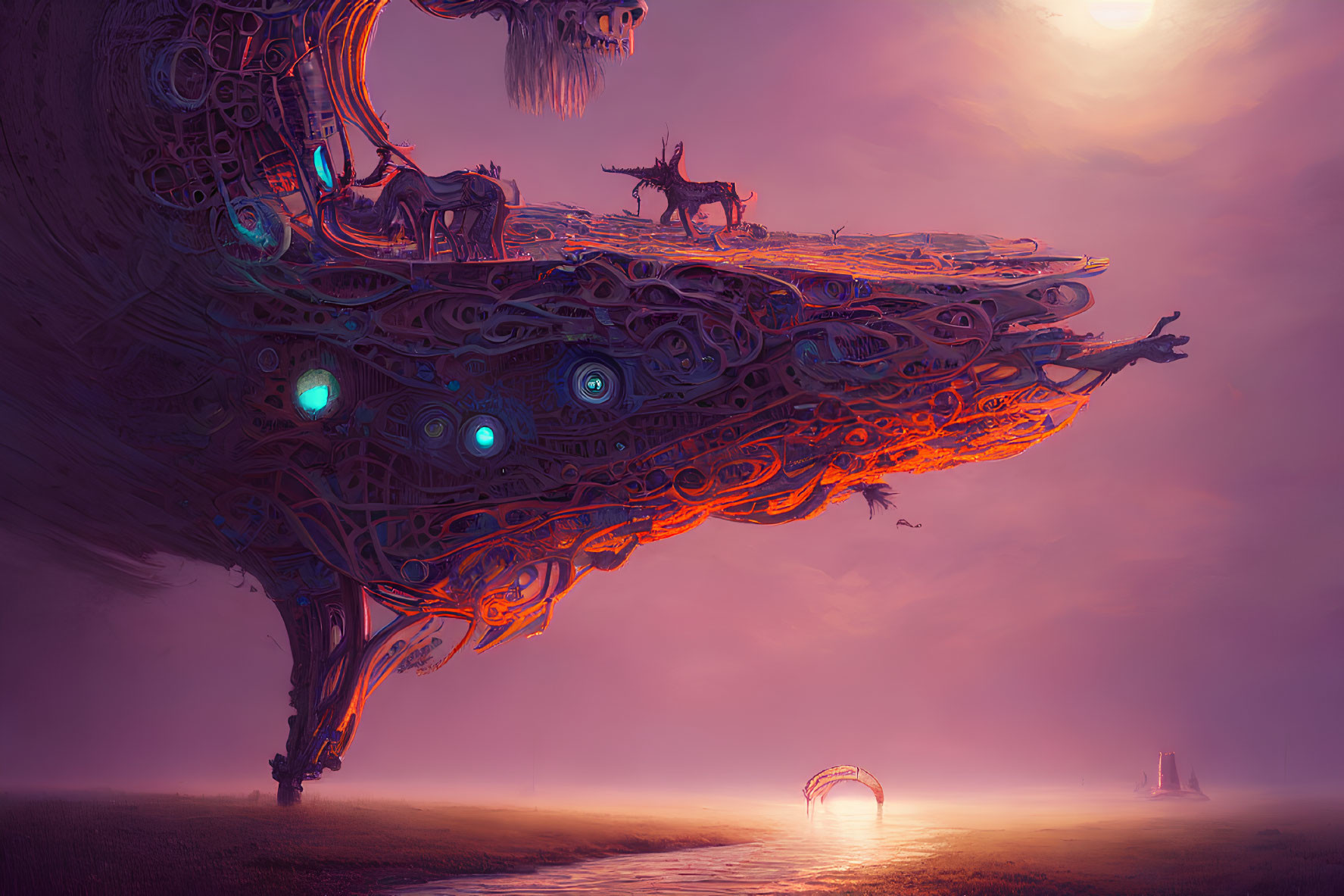 Surreal landscape with floating structure, glowing orbs, deer, and purple-hued background