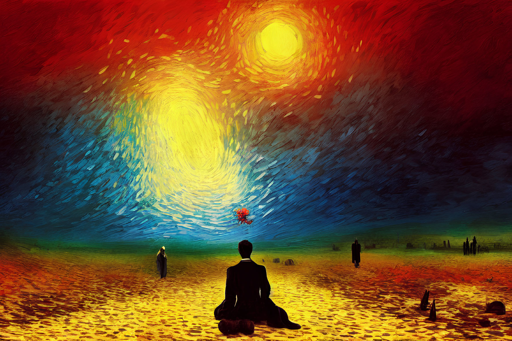 Impressionistic painting of person on sandy ground with figures and psychedelic sky