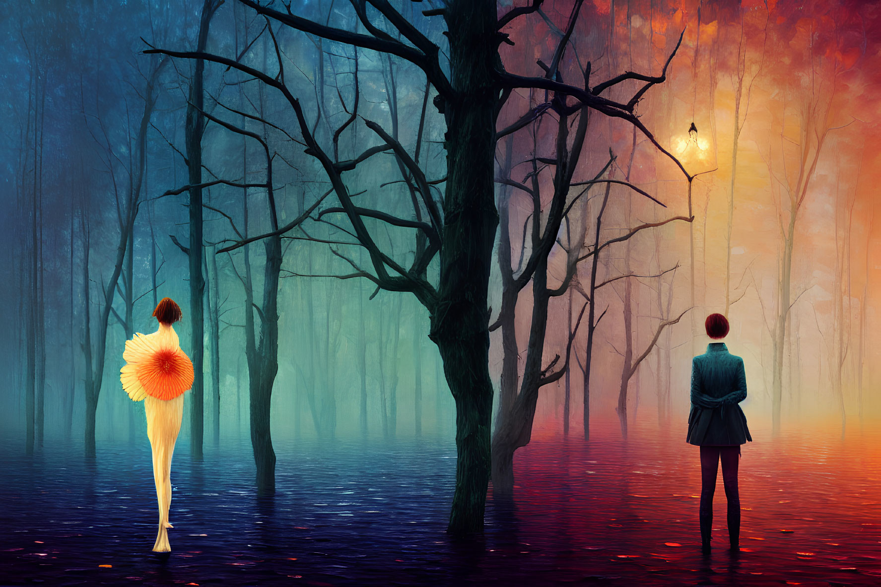 Vibrant surreal forest scene with two figures and lantern by reflective water