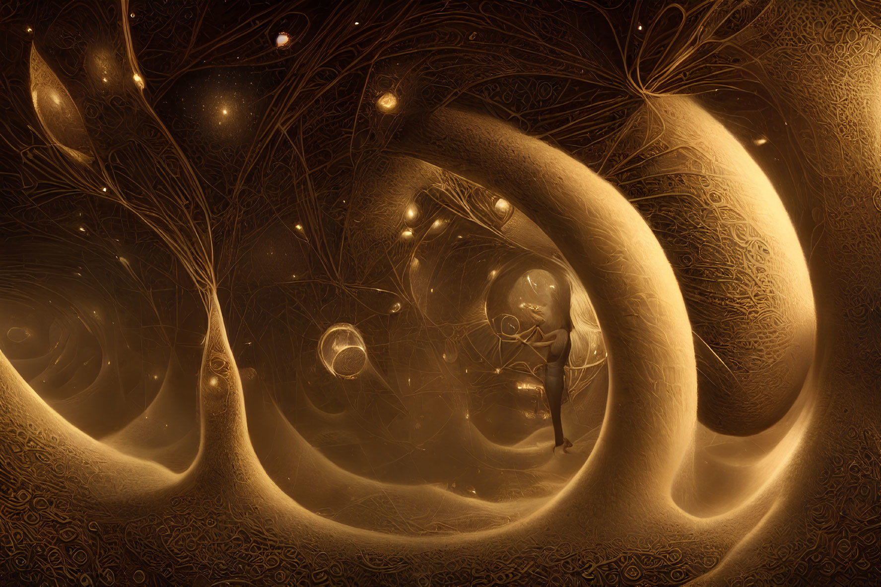 Ethereal golden fractal forest with swirling patterns and soft lights