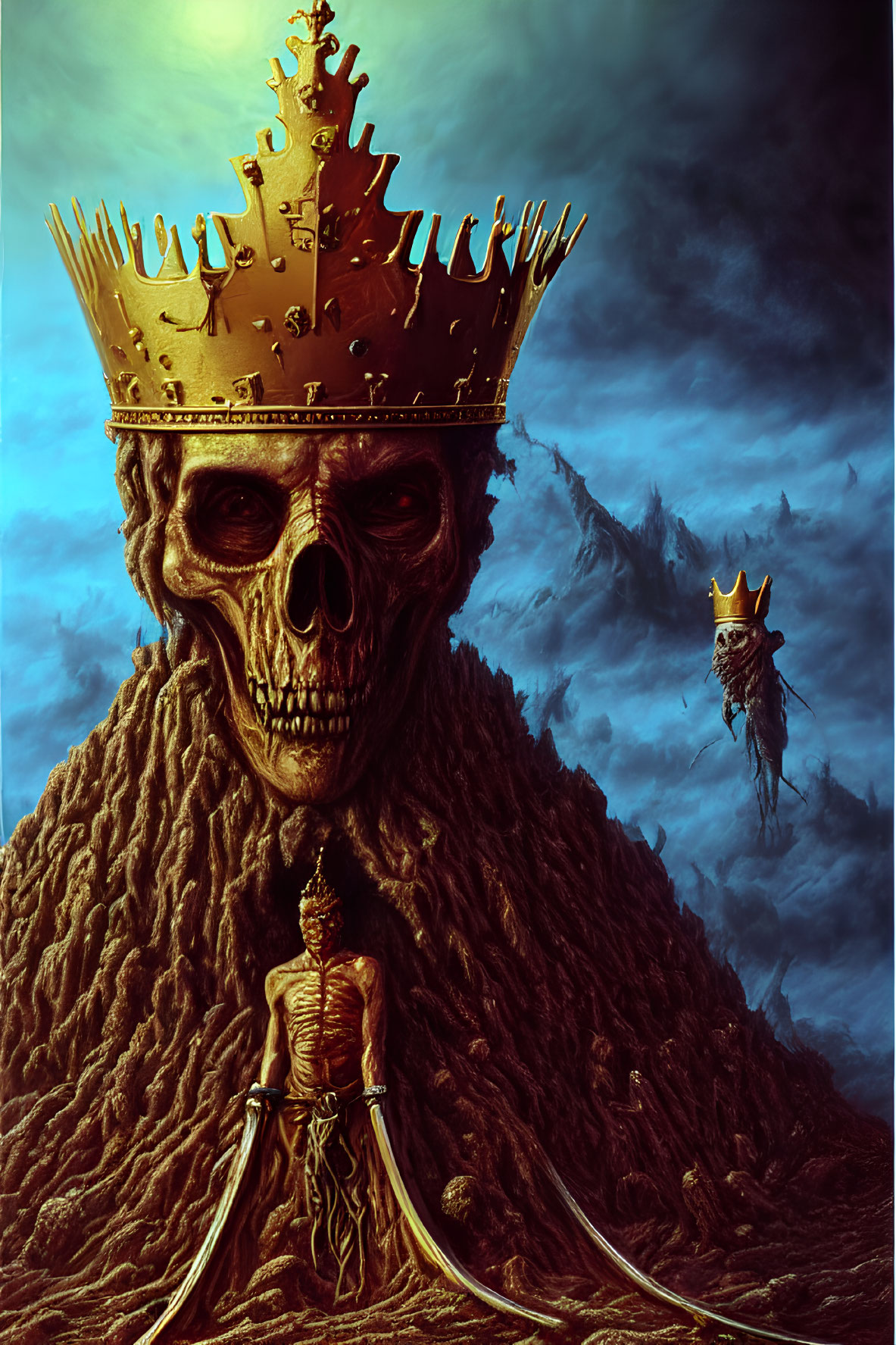 Skeletal figure with crown on throne, smaller crowned figure in dramatic sky