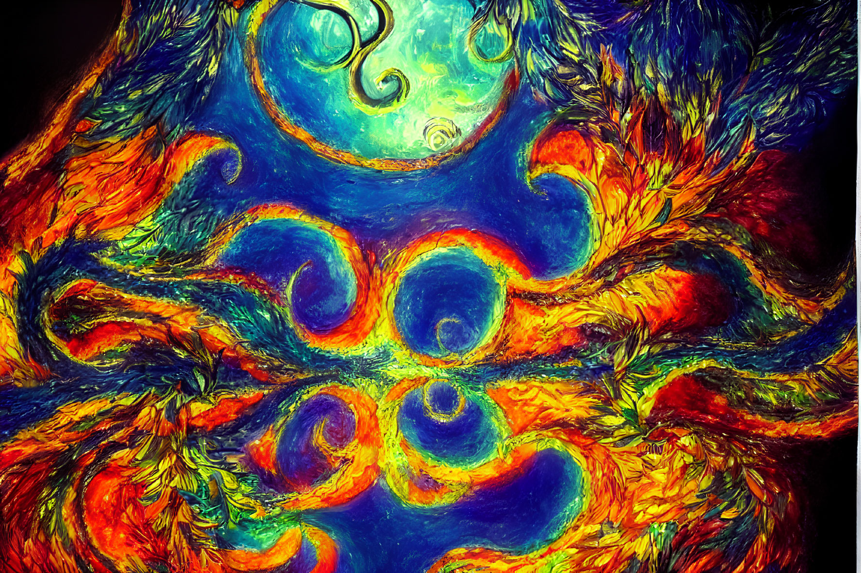 Vibrant Abstract Fractal Art: Blue, Orange, and Yellow Swirls with Teal