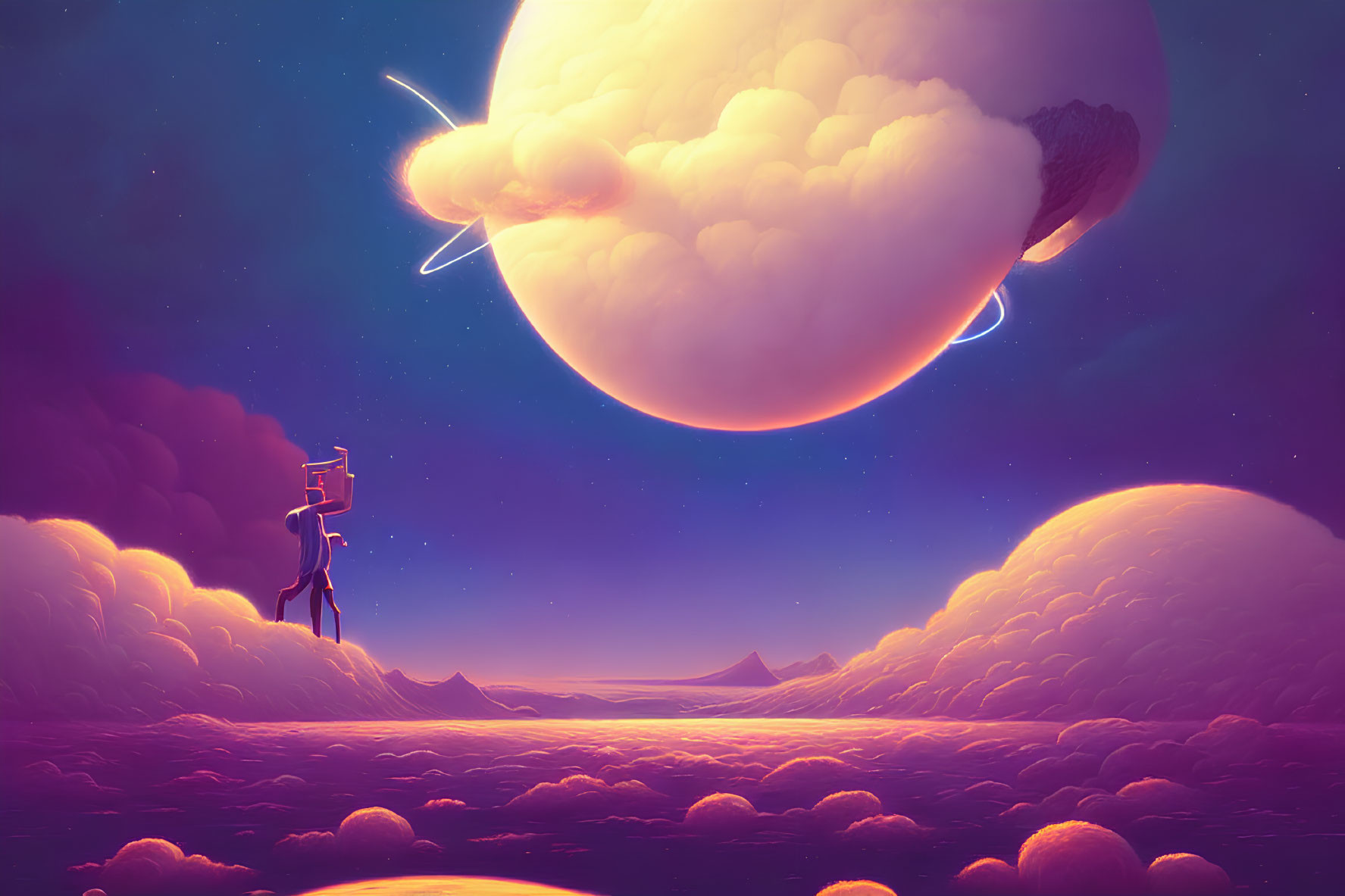 Person on stilts walks among clouds under surreal sky with large planet and shooting stars