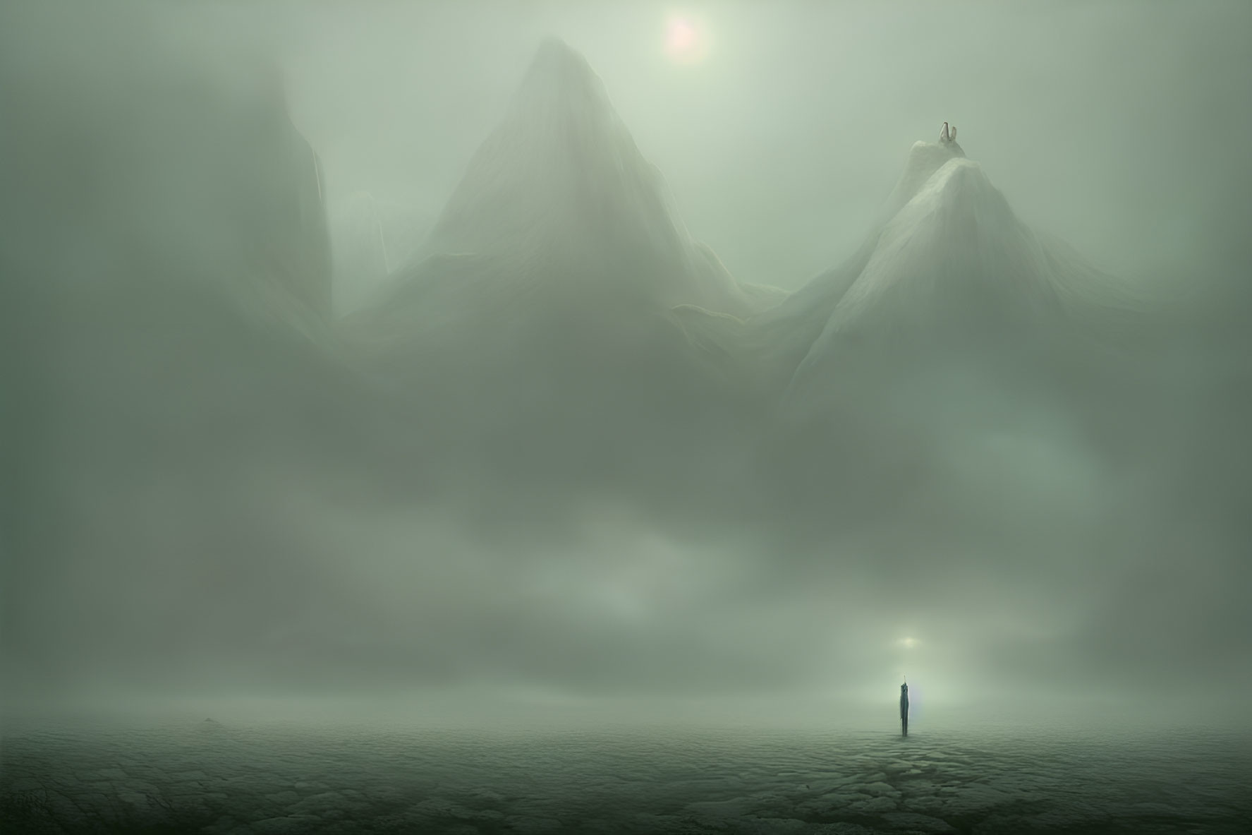 Misty landscape with cracked ground, lone figure, mountains, and dim sun