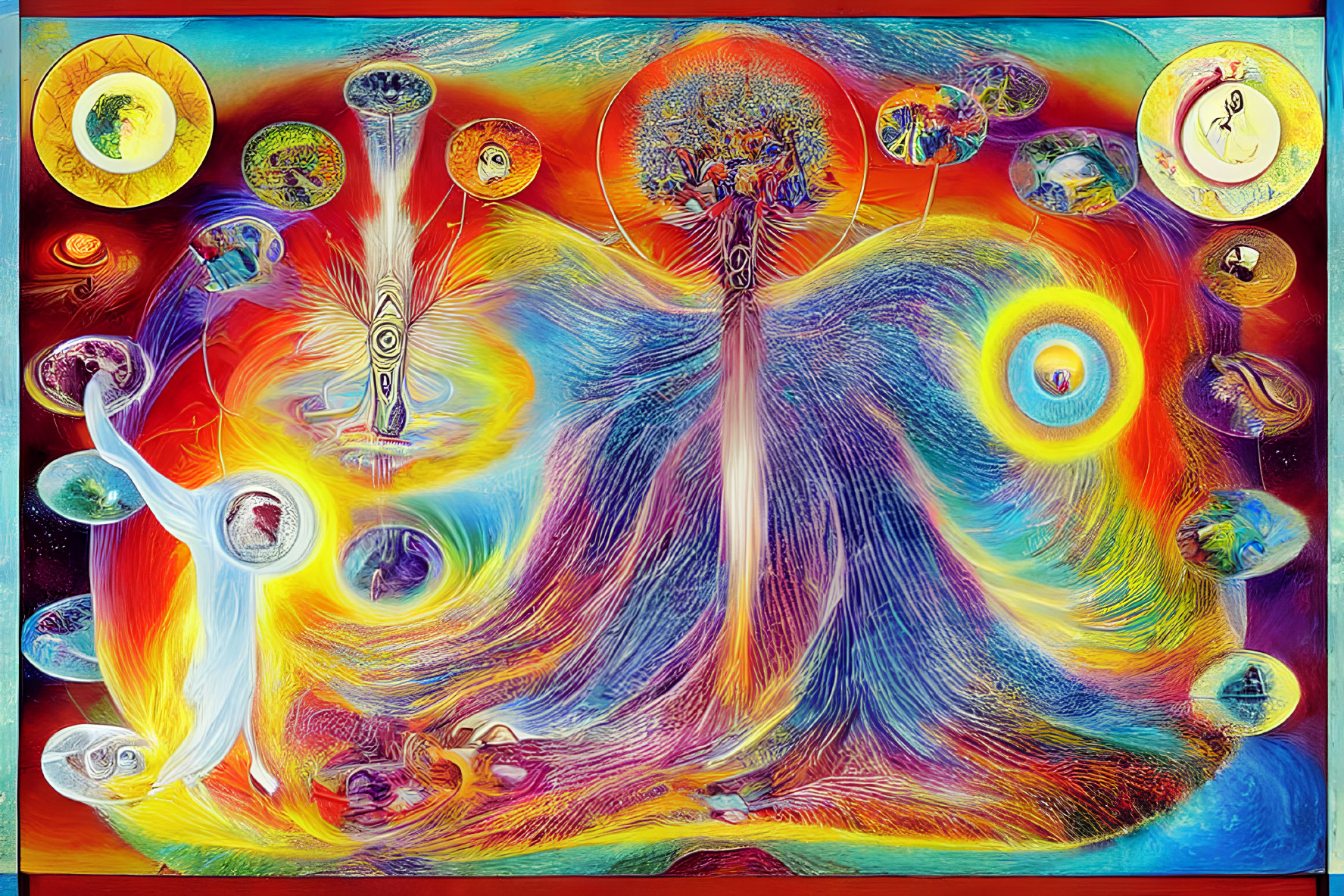 Colorful Psychedelic Painting with Central Figure and Mystical Symbols