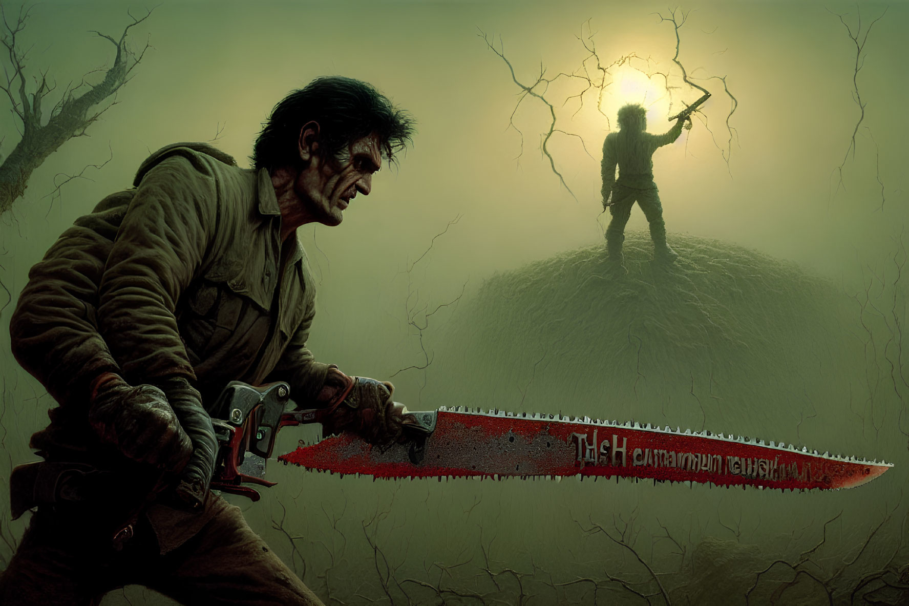 Chainsaw-wielding man in grim landscape with silhouette and moonlit sky