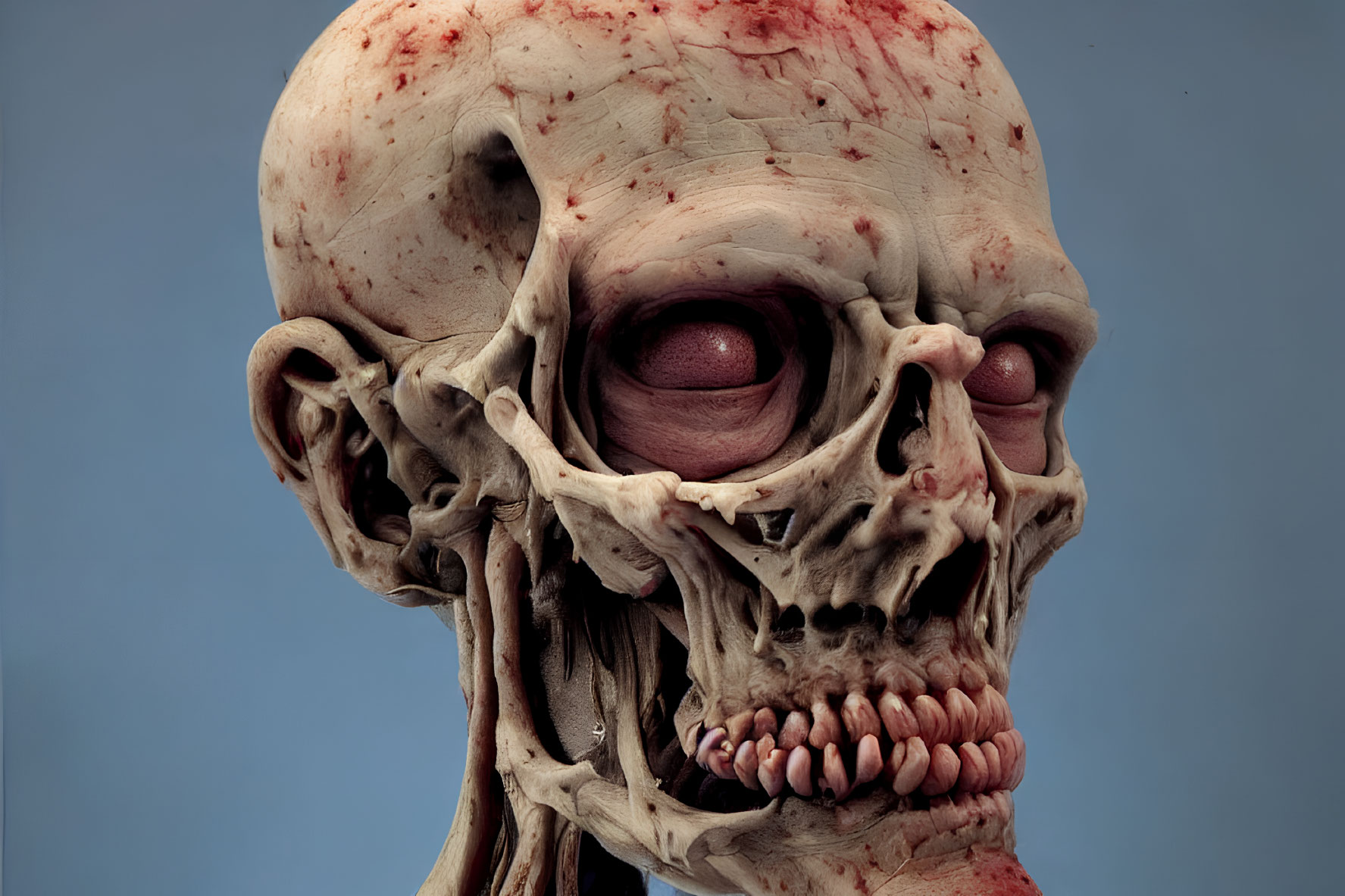 Detailed Gruesome Creature Head Model on Blue Background