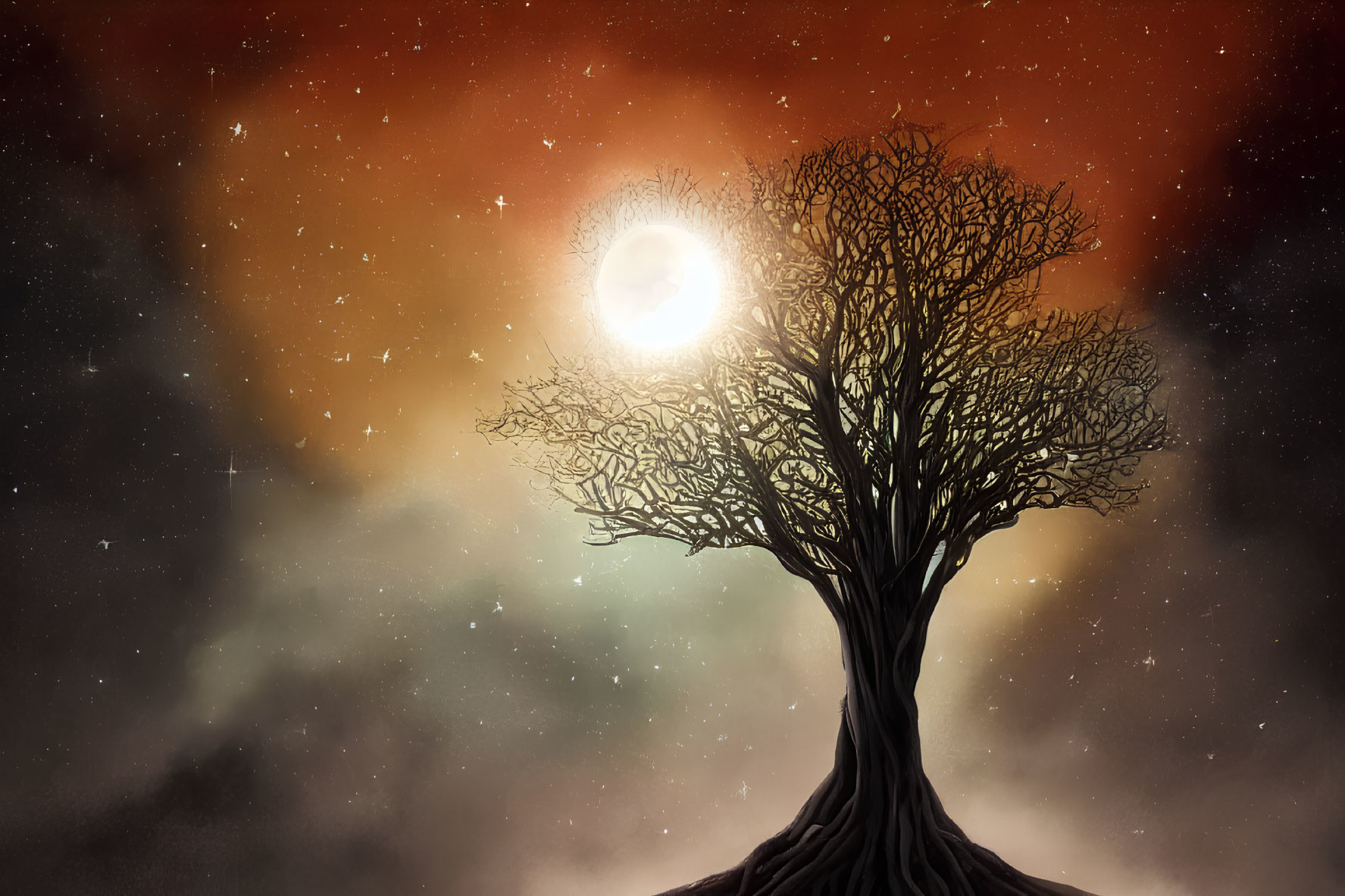 Solitary tree against cosmic backdrop with glowing moon and stars in warm orange and cool green hues